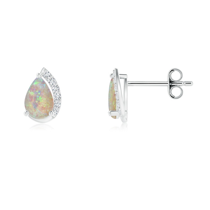 6x4mm AAAA Solitaire Pear Opal Swirl Stud Earrings with Diamond Accents in S999 Silver