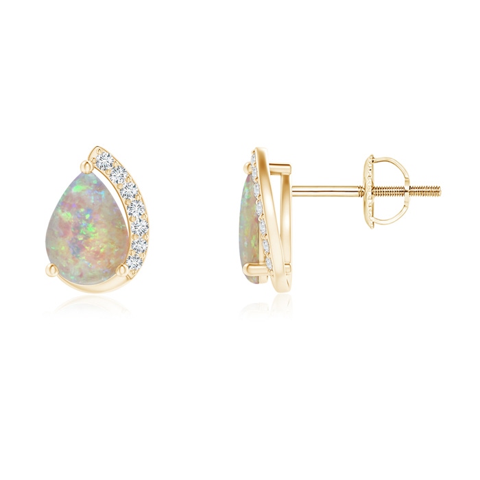 7x5mm AAAA Solitaire Pear Opal Swirl Stud Earrings with Diamond Accents in 9K Yellow Gold 