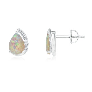 7x5mm AAAA Solitaire Pear Opal Swirl Stud Earrings with Diamond Accents in P950 Platinum