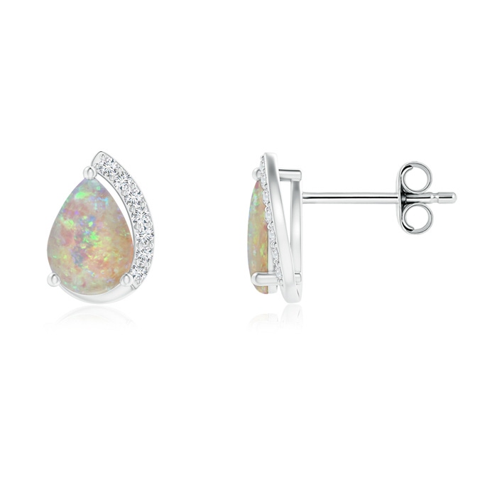 7x5mm AAAA Solitaire Pear Opal Swirl Stud Earrings with Diamond Accents in S999 Silver 