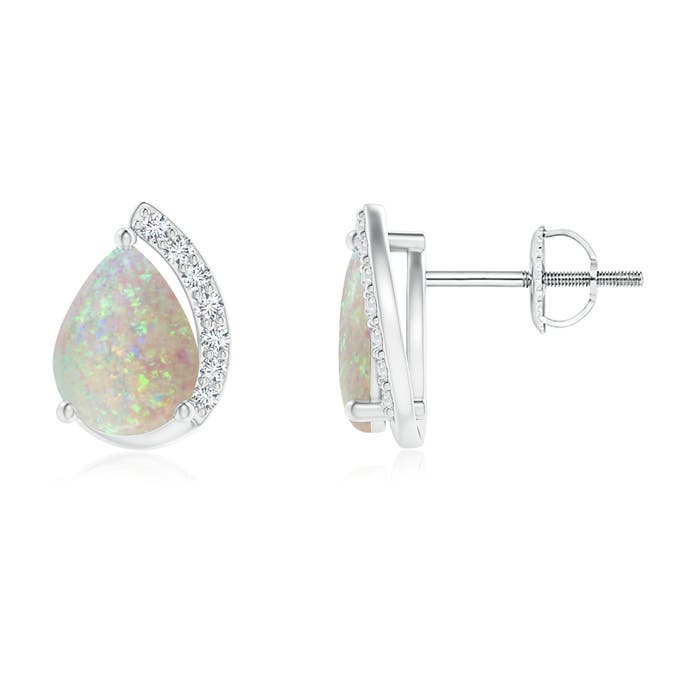 8x6mm AAA Solitaire Pear Opal Swirl Stud Earrings with Diamond Accents in P950 Platinum