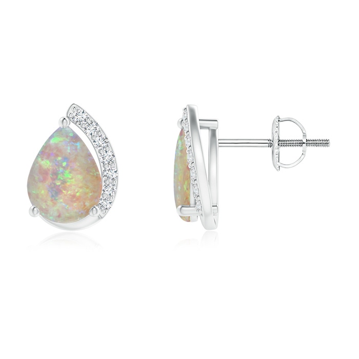 8x6mm AAAA Solitaire Pear Opal Swirl Stud Earrings with Diamond Accents in White Gold 