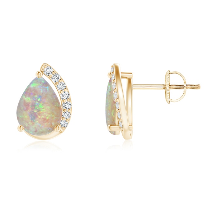 8x6mm AAAA Solitaire Pear Opal Swirl Stud Earrings with Diamond Accents in Yellow Gold 