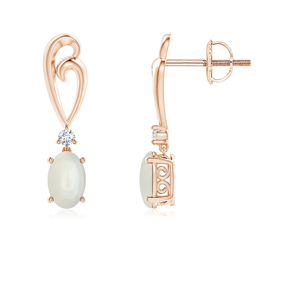 6x4mm AAAA Solitaire Oval Moonstone Swirl Drop Earrings with Diamond in Rose Gold 