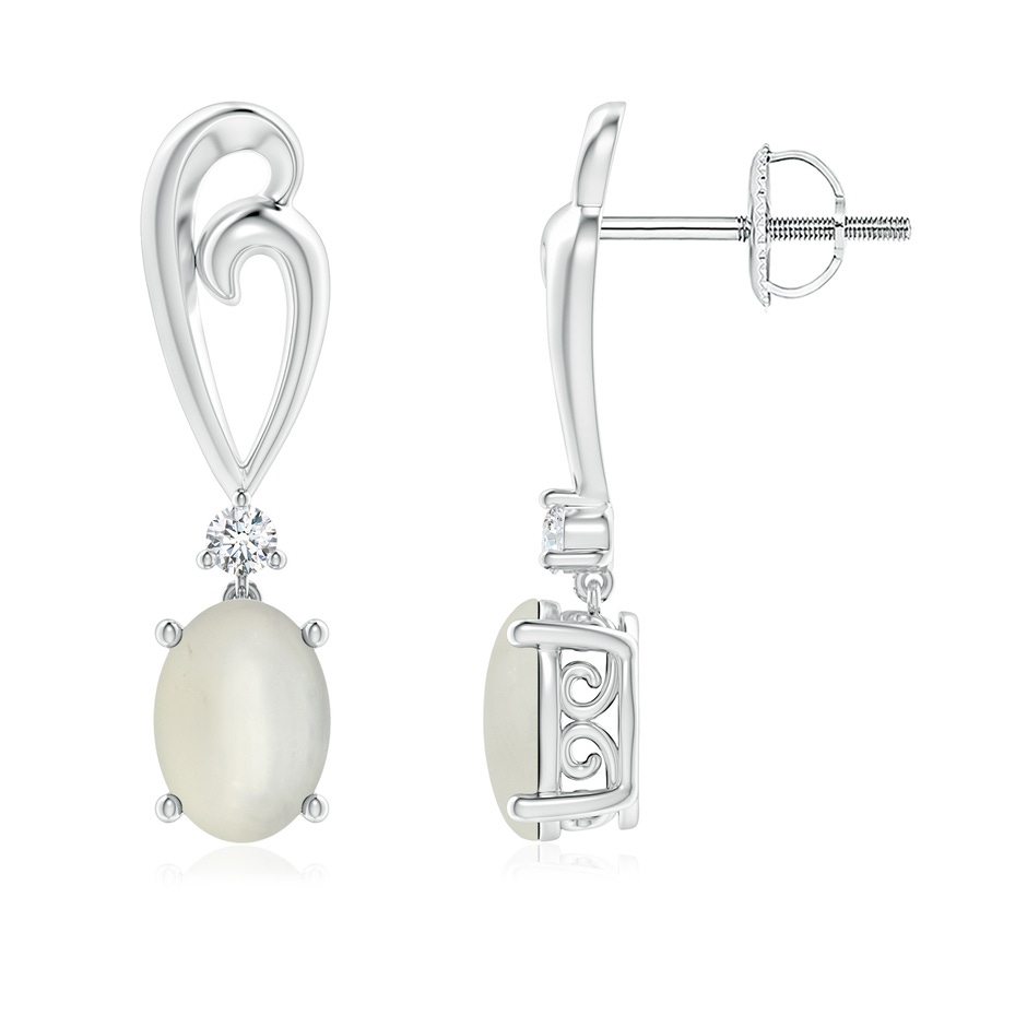 7x5mm AAA Solitaire Oval Moonstone Swirl Drop Earrings with Diamond in White Gold 