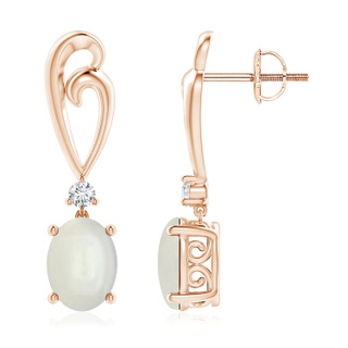 8x6mm AAAA Solitaire Oval Moonstone Swirl Drop Earrings with Diamond in Rose Gold
