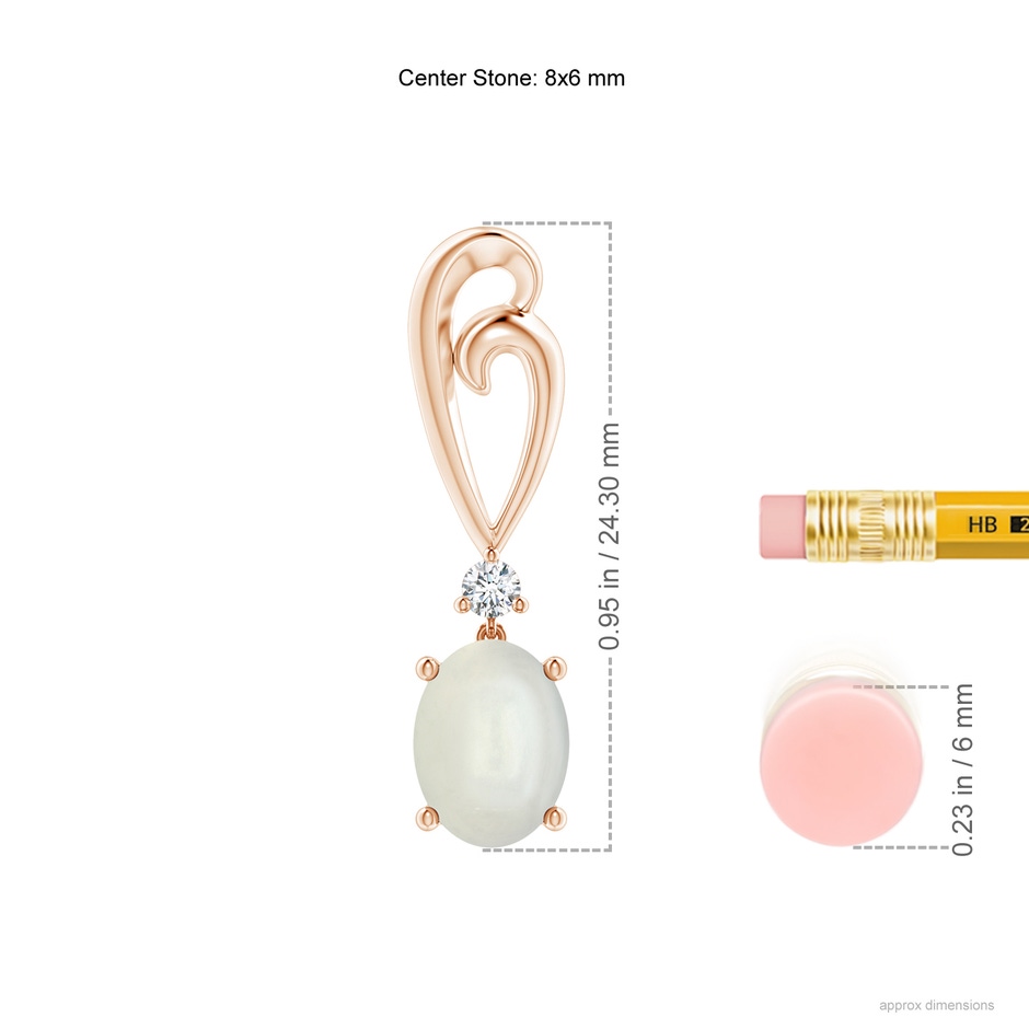 8x6mm AAAA Solitaire Oval Moonstone Swirl Drop Earrings with Diamond in Rose Gold ruler