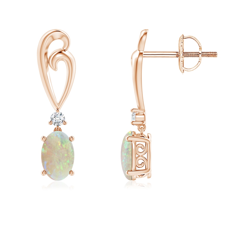 6x4mm AAA Solitaire Oval Opal Swirl Drop Earrings with Diamond in Rose Gold 
