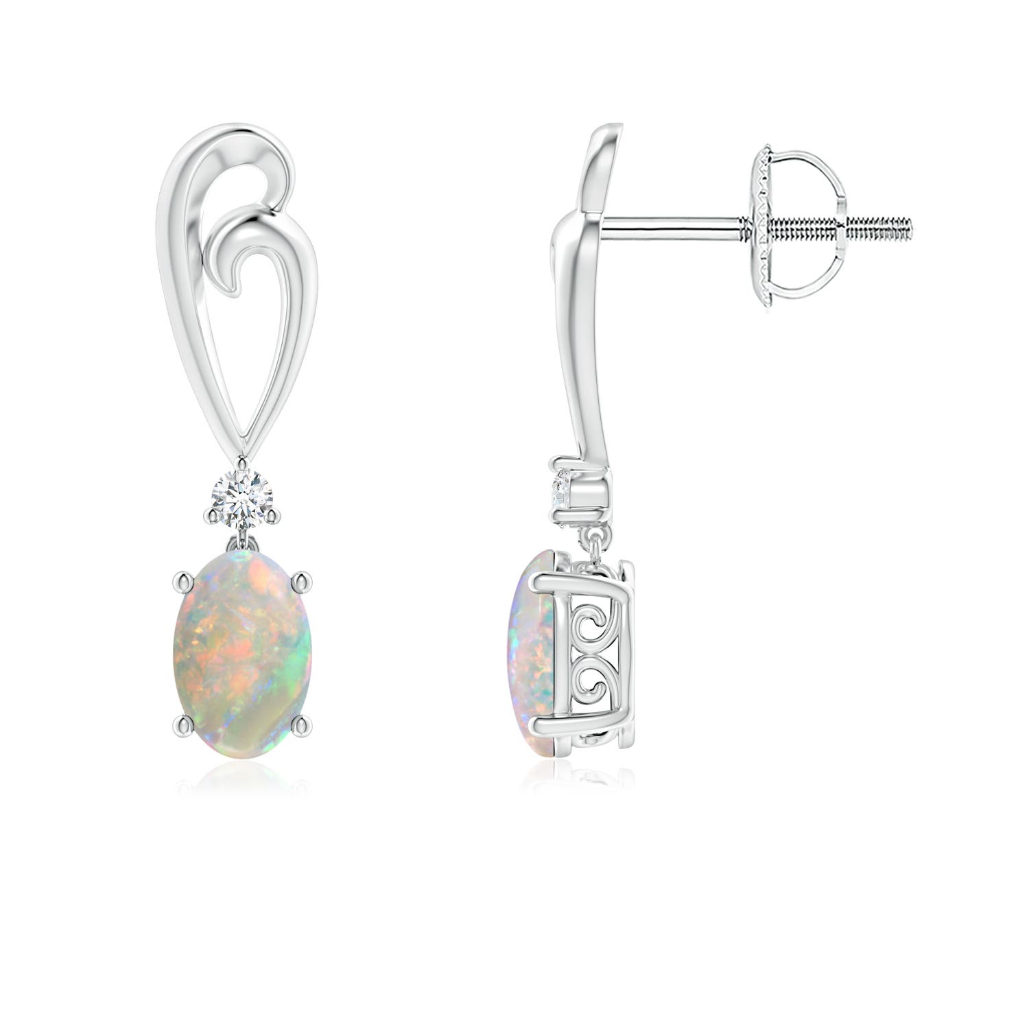 6x4mm AAAA Solitaire Oval Opal Swirl Drop Earrings with Diamond in 18K White Gold