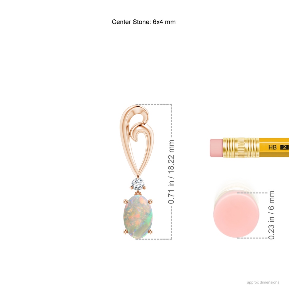 6x4mm AAAA Solitaire Oval Opal Swirl Drop Earrings with Diamond in 9K Rose Gold ruler