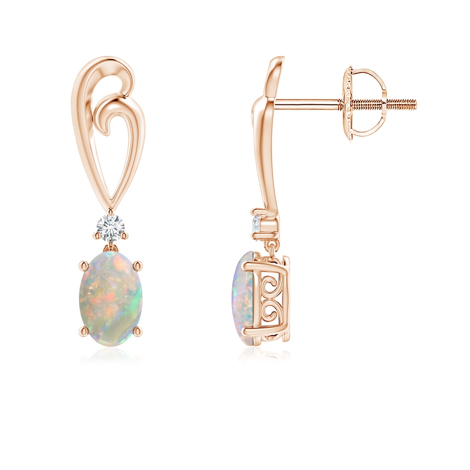 6x4mm AAAA Solitaire Oval Opal Swirl Drop Earrings with Diamond in Rose Gold 