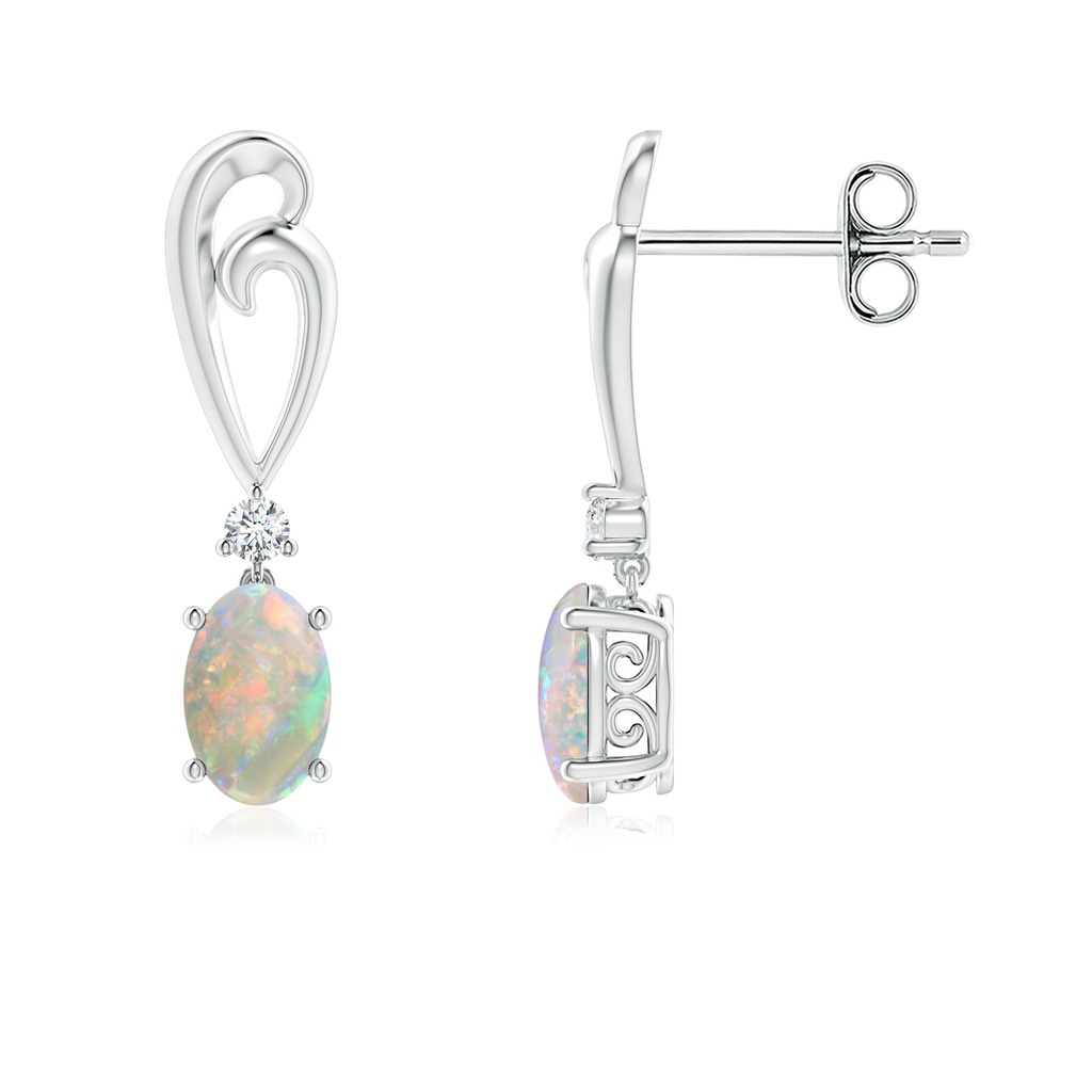 6x4mm AAAA Solitaire Oval Opal Swirl Drop Earrings with Diamond in S999 Silver