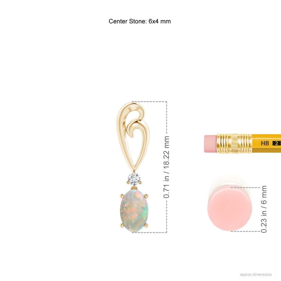 6x4mm AAAA Solitaire Oval Opal Swirl Drop Earrings with Diamond in Yellow Gold ruler