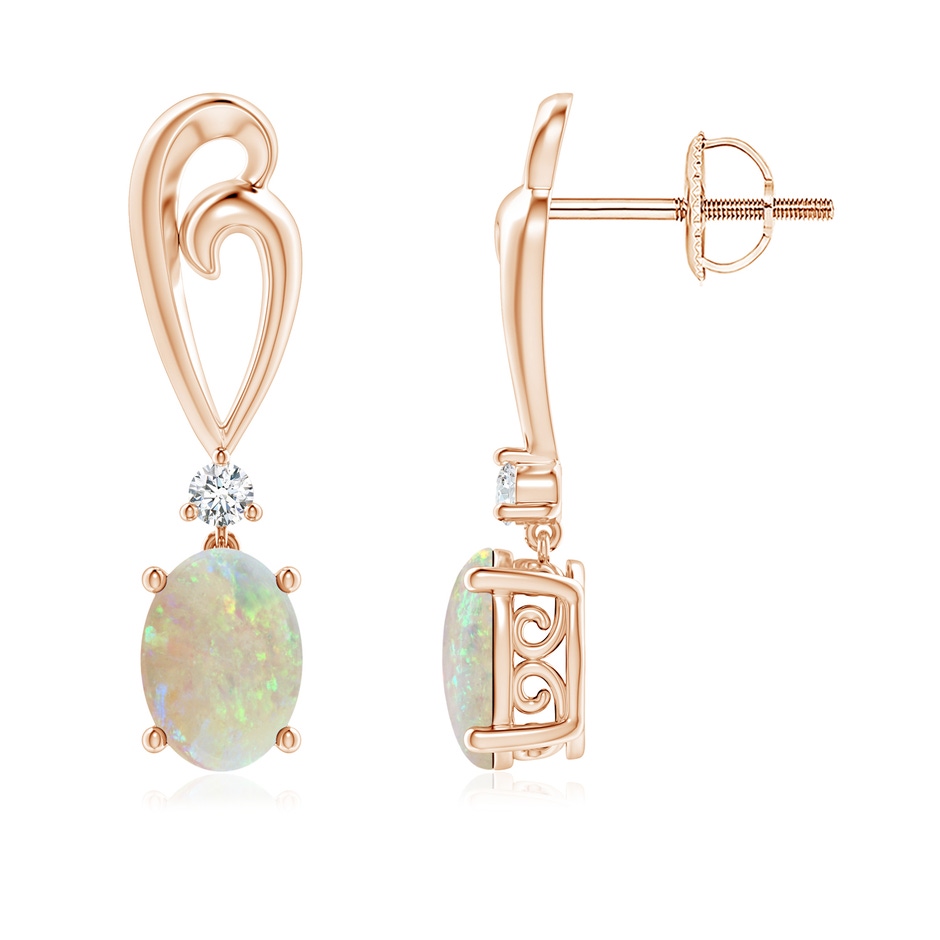 7x5mm AAA Solitaire Oval Opal Swirl Drop Earrings with Diamond in Rose Gold 