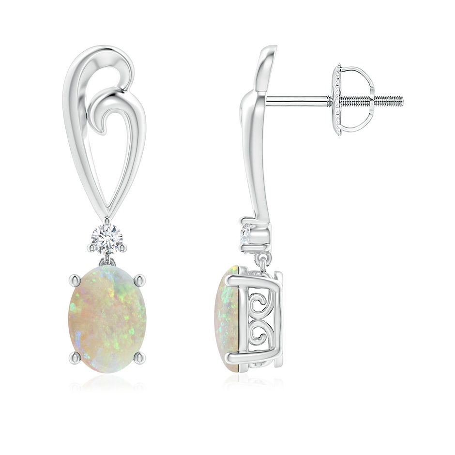 7x5mm AAA Solitaire Oval Opal Swirl Drop Earrings with Diamond in White Gold 