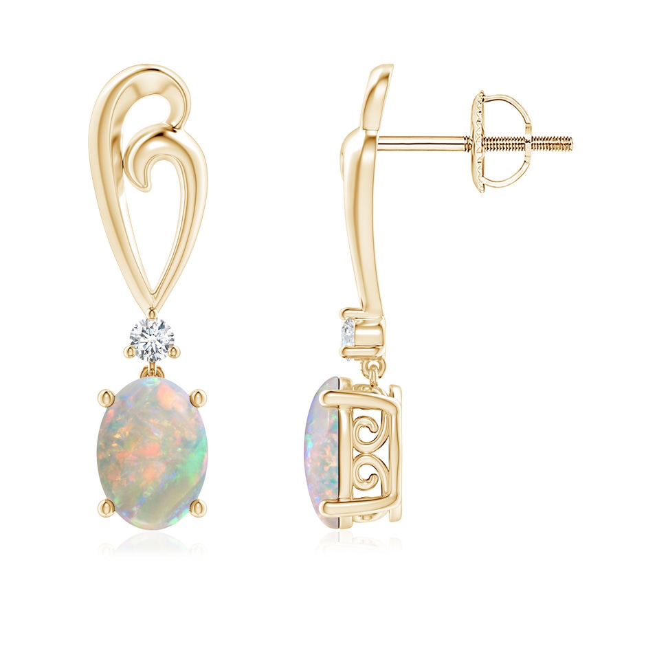7x5mm AAAA Solitaire Oval Opal Swirl Drop Earrings with Diamond in 18K Yellow Gold 
