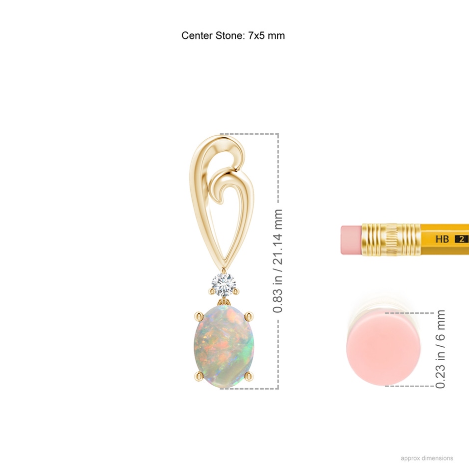 7x5mm AAAA Solitaire Oval Opal Swirl Drop Earrings with Diamond in 18K Yellow Gold ruler