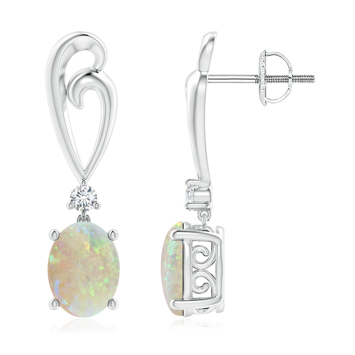 8x6mm AAA Solitaire Oval Opal Swirl Drop Earrings with Diamond in 18K White Gold