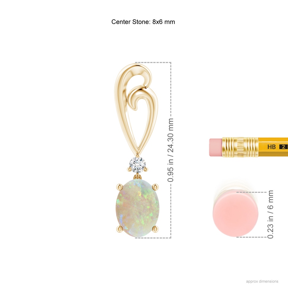 8x6mm AAA Solitaire Oval Opal Swirl Drop Earrings with Diamond in 18K Yellow Gold ruler