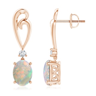 8x6mm AAAA Solitaire Oval Opal Swirl Drop Earrings with Diamond in 18K Rose Gold