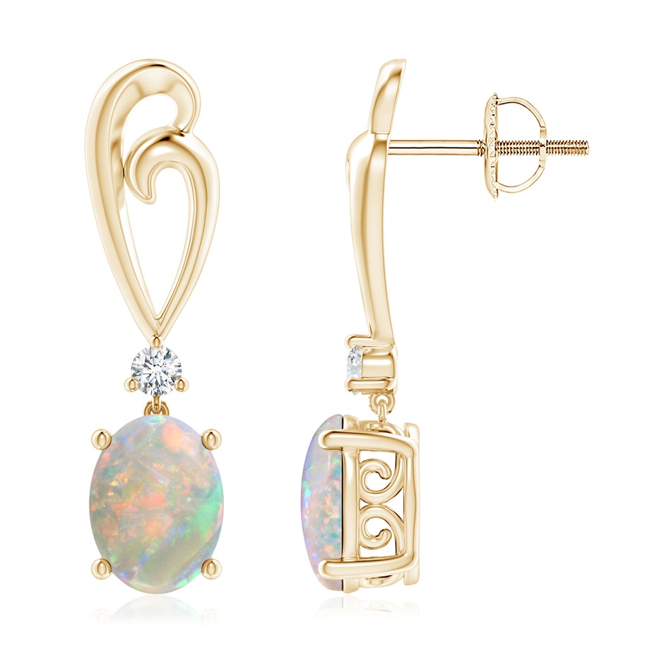 8x6mm AAAA Solitaire Oval Opal Swirl Drop Earrings with Diamond in Yellow Gold 