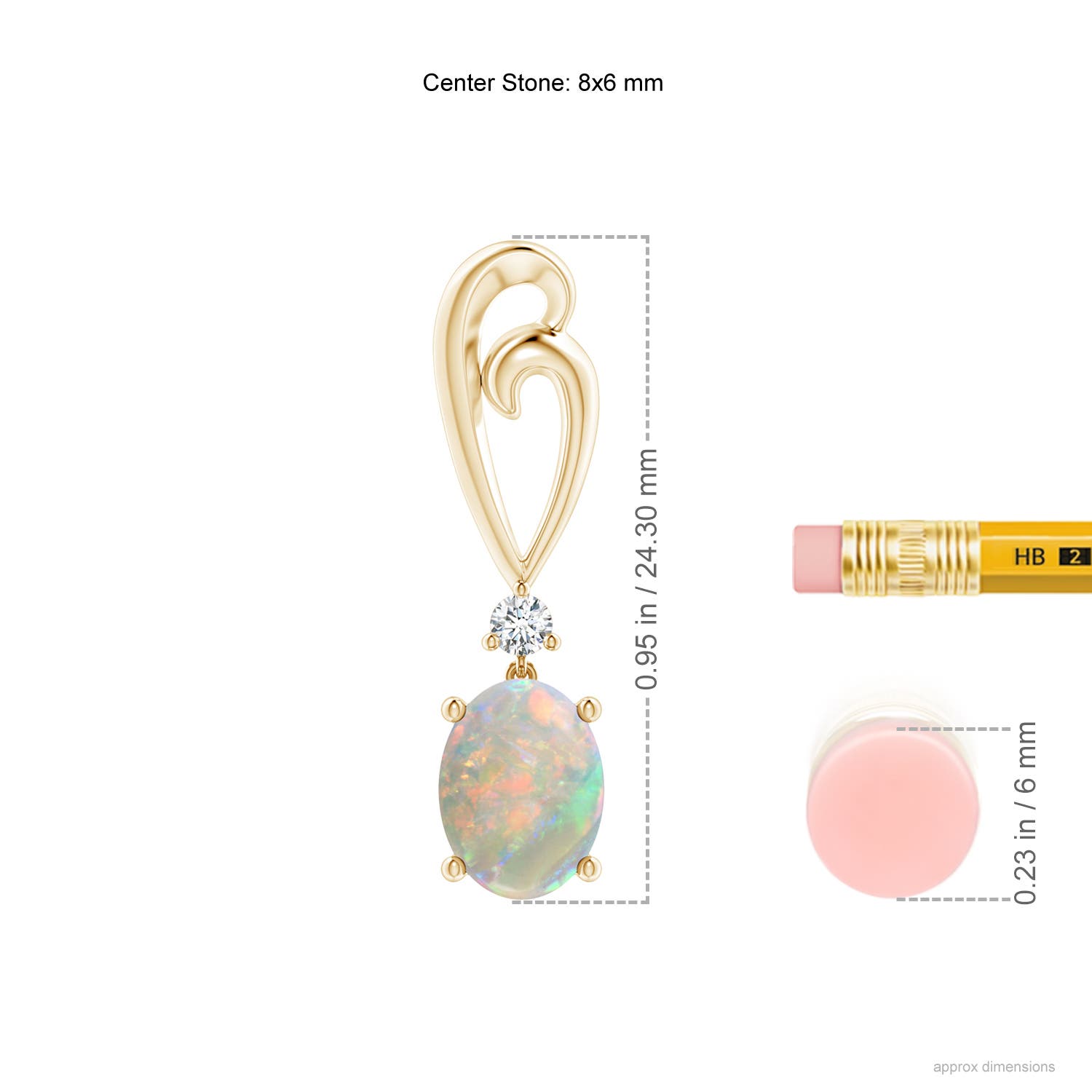 8x6mm AAAA Solitaire Oval Opal Swirl Drop Earrings with Diamond in Yellow Gold - ruler