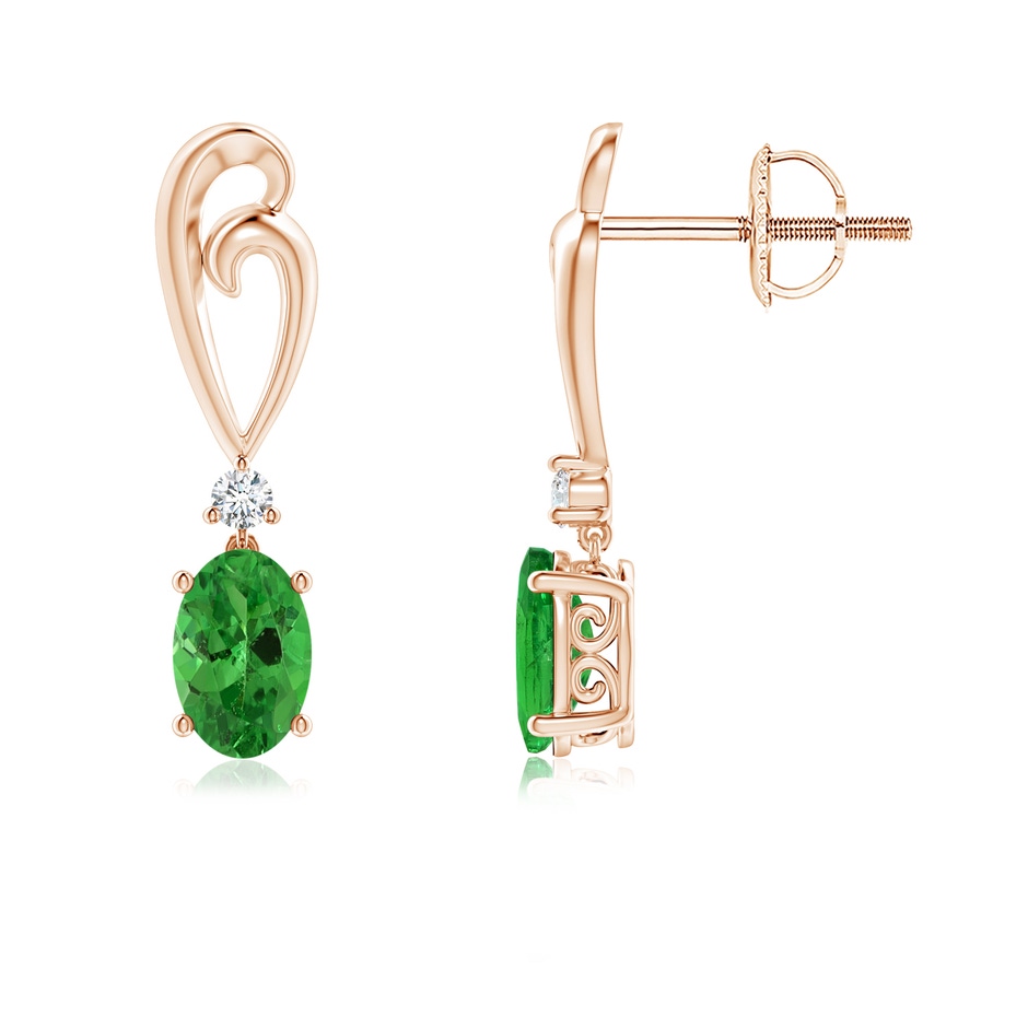 6x4mm AAA Solitaire Oval Tsavorite Swirl Drop Earrings with Diamond in Rose Gold 
