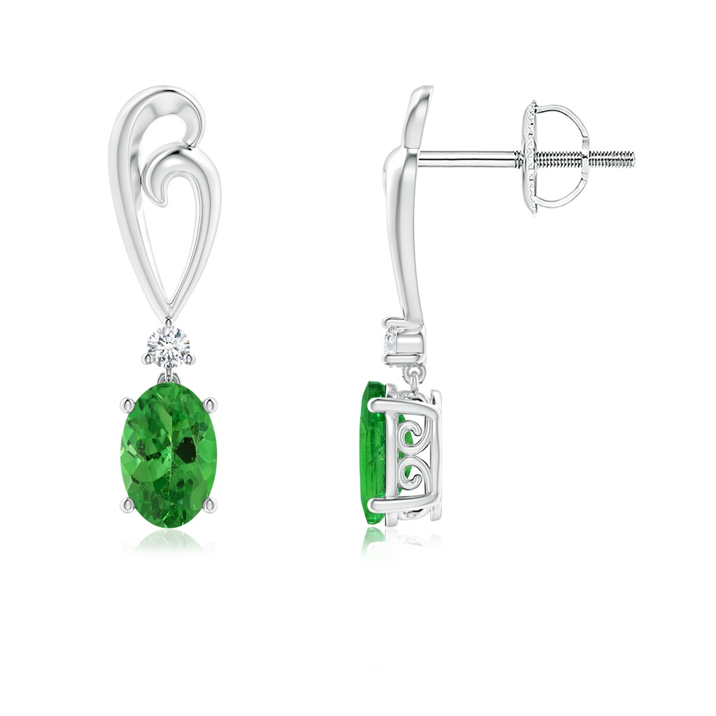 6x4mm AAA Solitaire Oval Tsavorite Swirl Drop Earrings with Diamond in White Gold