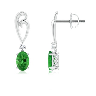 6x4mm AAA Solitaire Oval Tsavorite Swirl Drop Earrings with Diamond in White Gold