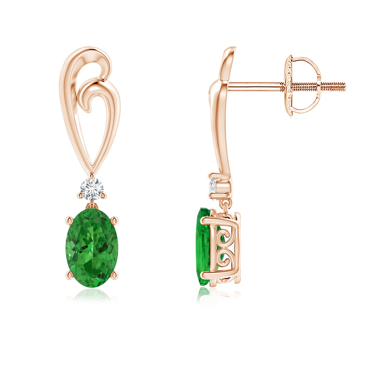 6x4mm AAAA Solitaire Oval Tsavorite Swirl Drop Earrings with Diamond in Rose Gold