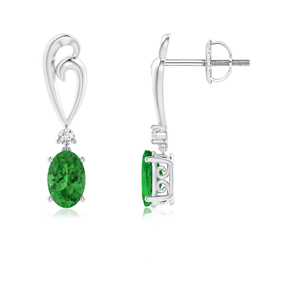 6x4mm AAAA Solitaire Oval Tsavorite Swirl Drop Earrings with Diamond in White Gold 