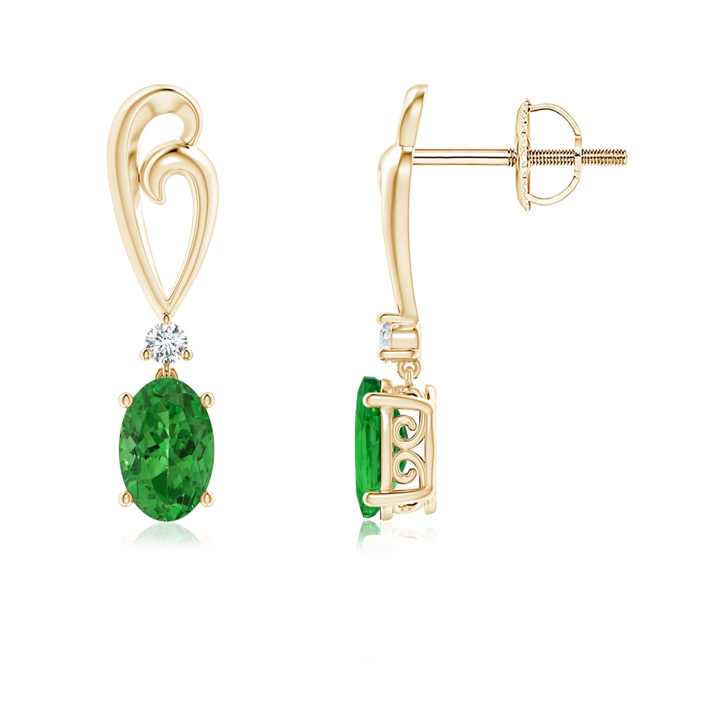 6x4mm AAAA Solitaire Oval Tsavorite Swirl Drop Earrings with Diamond in Yellow Gold