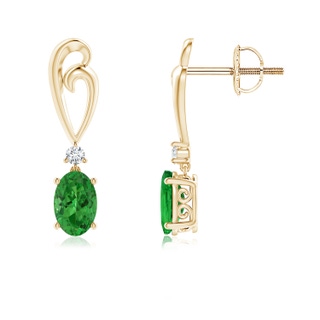 6x4mm AAAA Solitaire Oval Tsavorite Swirl Drop Earrings with Diamond in Yellow Gold