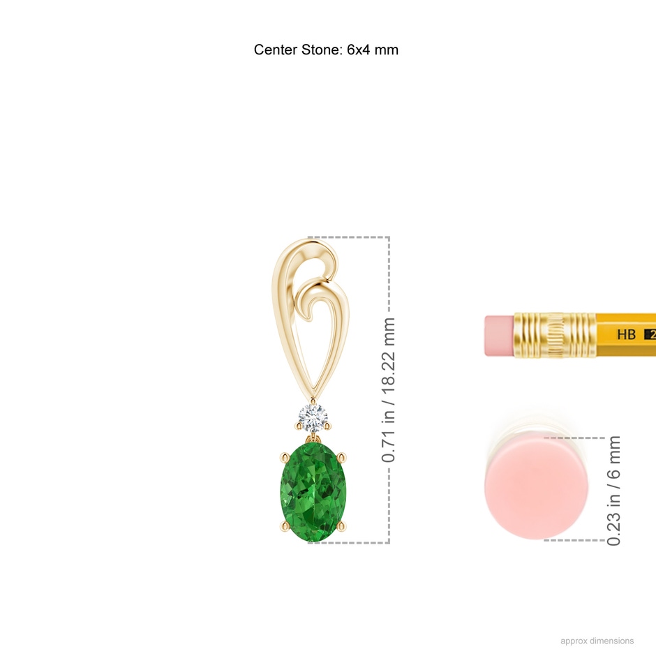 6x4mm AAAA Solitaire Oval Tsavorite Swirl Drop Earrings with Diamond in Yellow Gold ruler