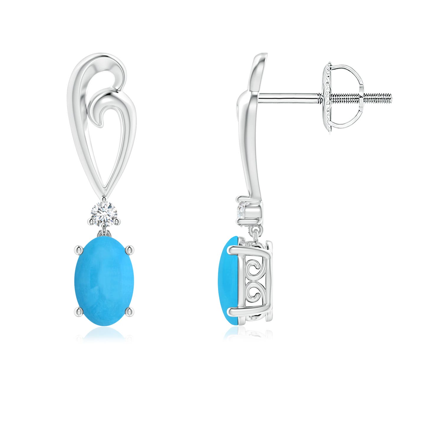 6x4mm AAA Solitaire Oval Turquoise Swirl Drop Earrings with Diamond in White Gold
