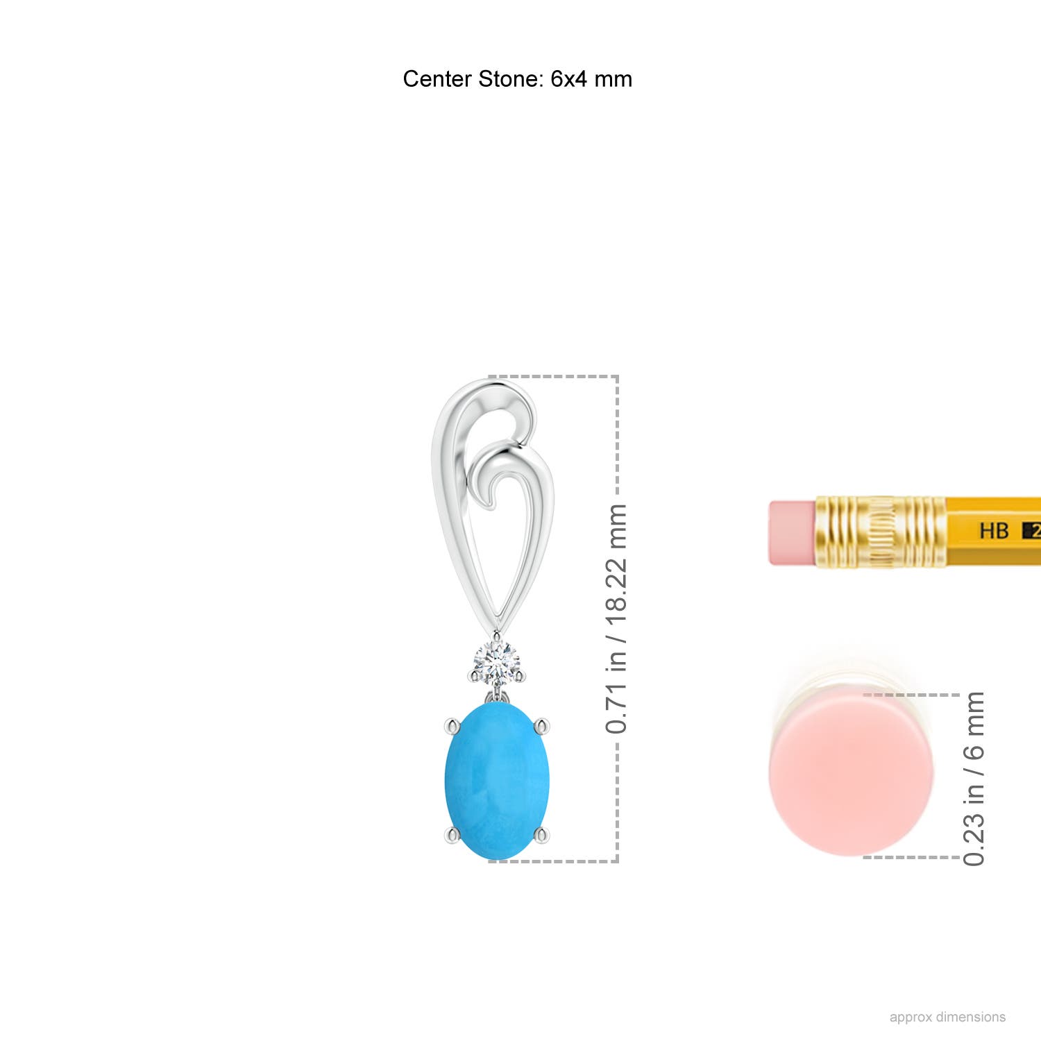 6x4mm AAA Solitaire Oval Turquoise Swirl Drop Earrings with Diamond in White Gold - ruler