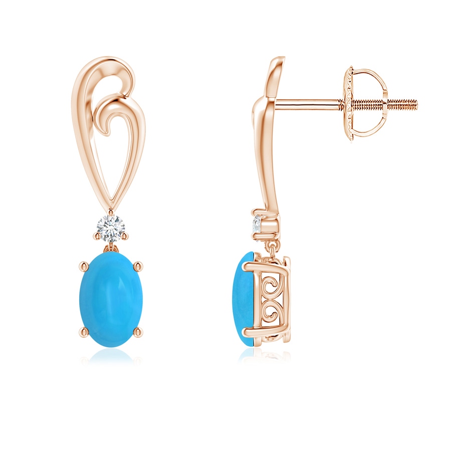 6x4mm AAAA Solitaire Oval Turquoise Swirl Drop Earrings with Diamond in Rose Gold 