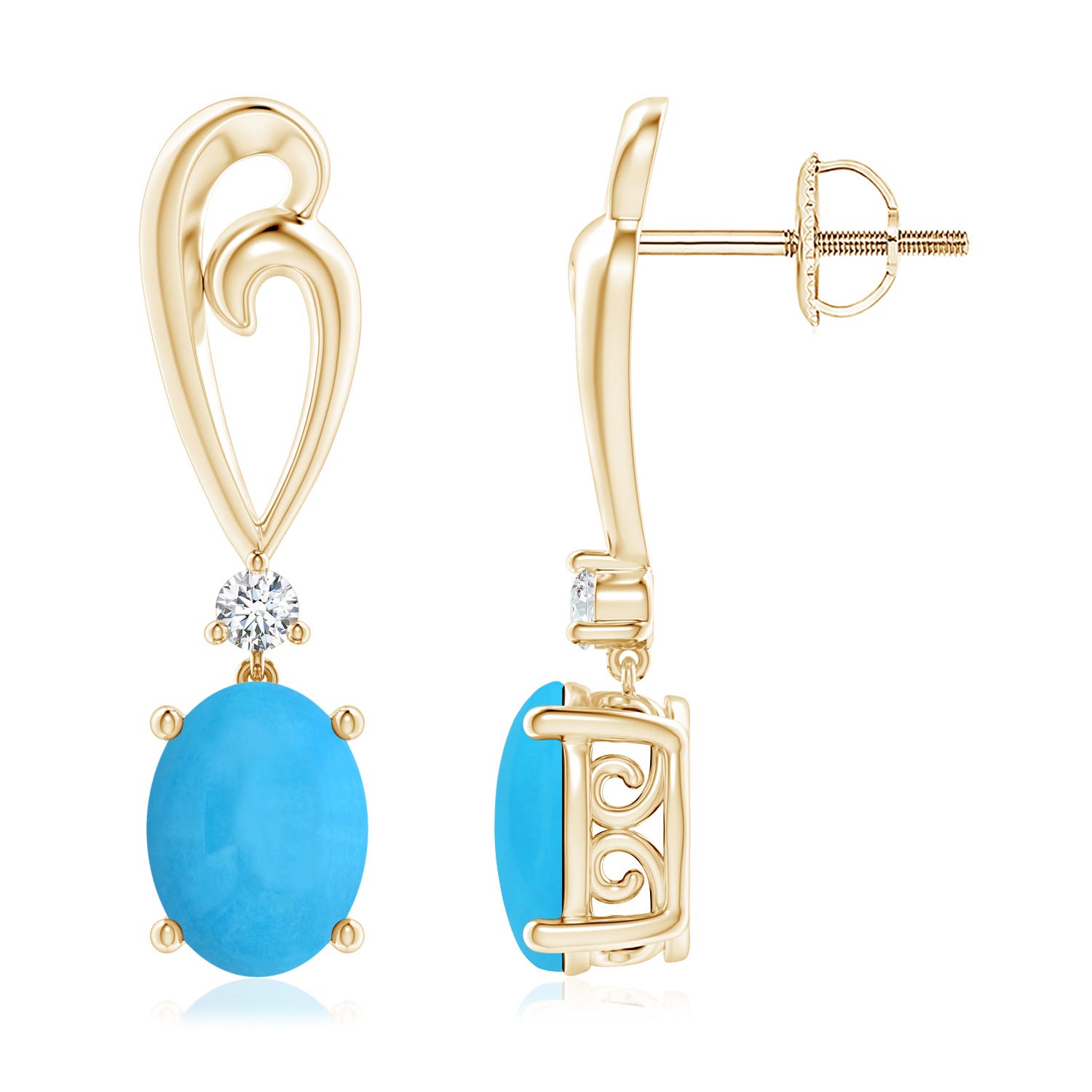 8x6mm AAA Solitaire Oval Turquoise Swirl Drop Earrings with Diamond in 18K Yellow Gold