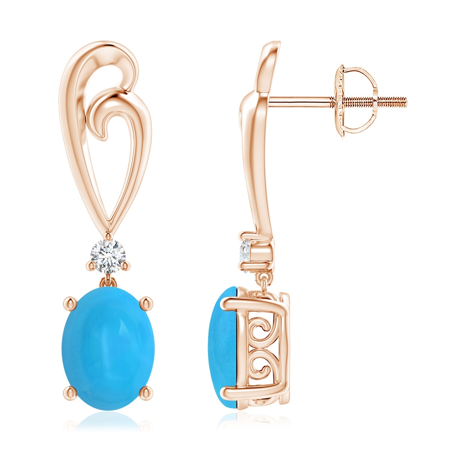 8x6mm AAAA Solitaire Oval Turquoise Swirl Drop Earrings with Diamond in 18K Rose Gold 