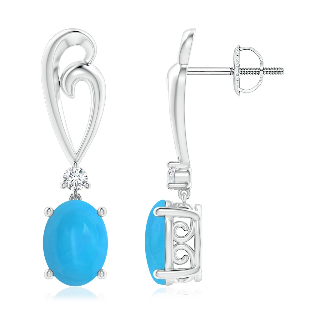 8x6mm AAAA Solitaire Oval Turquoise Swirl Drop Earrings with Diamond in White Gold