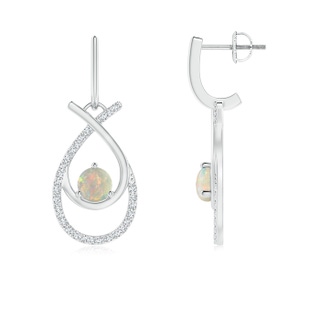 5mm AAAA Round Opal and Diamond Inverted Ribbon Earrings in White Gold