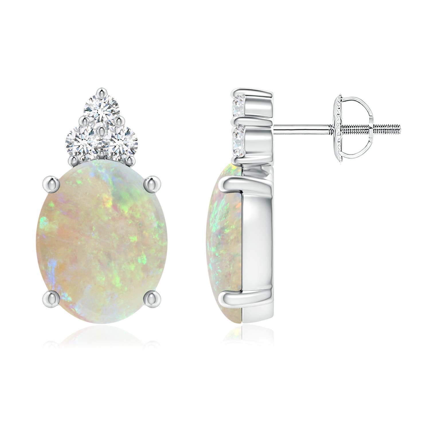 10x8mm AAA Classic Oval Opal Solitaire Stud Earrings with Trio Diamonds in P950 Platinum