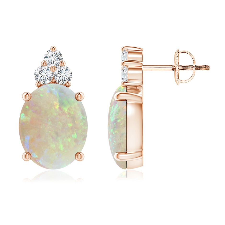 10x8mm AAA Classic Oval Opal Solitaire Stud Earrings with Trio Diamonds in Rose Gold 