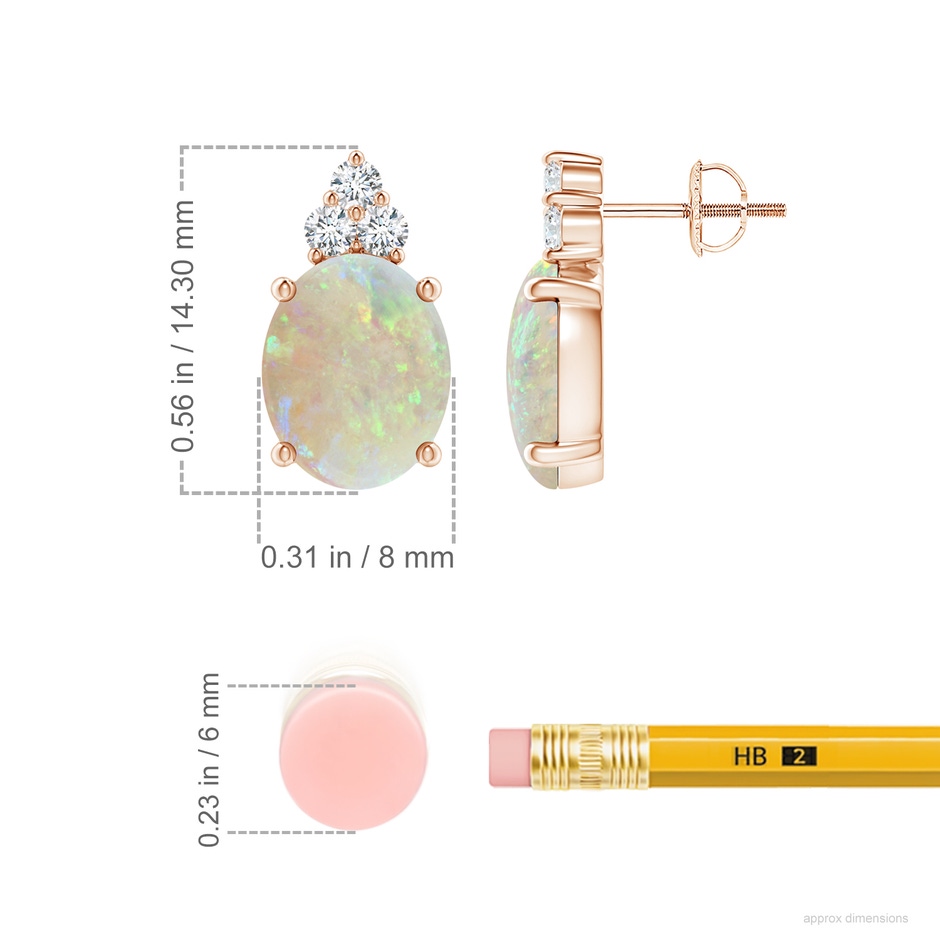 10x8mm AAA Classic Oval Opal Solitaire Stud Earrings with Trio Diamonds in Rose Gold ruler