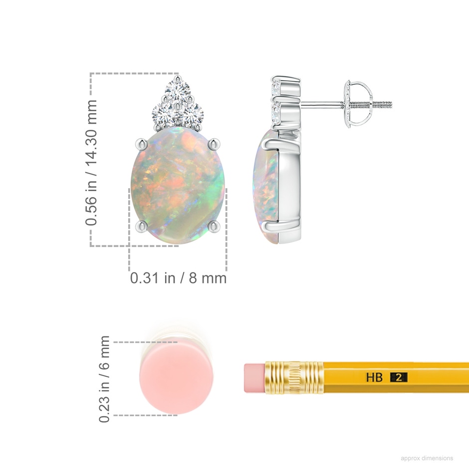10x8mm AAAA Classic Oval Opal Solitaire Stud Earrings with Trio Diamonds in P950 Platinum ruler