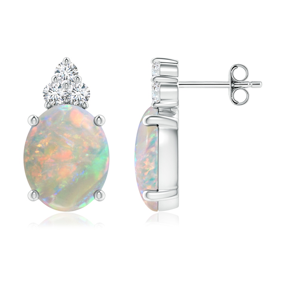 10x8mm AAAA Classic Oval Opal Solitaire Stud Earrings with Trio Diamonds in S999 Silver 