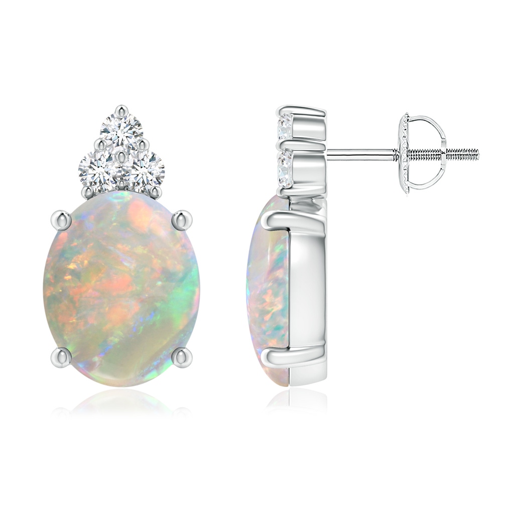 10x8mm AAAA Classic Oval Opal Solitaire Stud Earrings with Trio Diamonds in White Gold