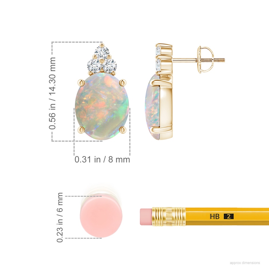 10x8mm AAAA Classic Oval Opal Solitaire Stud Earrings with Trio Diamonds in Yellow Gold ruler