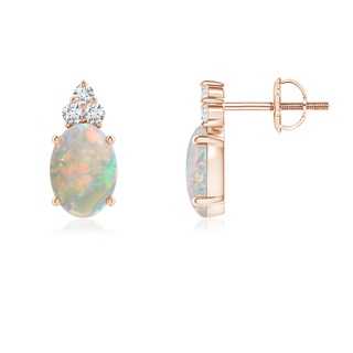 7x5mm AAAA Classic Oval Opal Solitaire Stud Earrings with Trio Diamonds in 10K Rose Gold