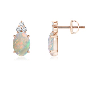 7x5mm AAAA Classic Oval Opal Solitaire Stud Earrings with Trio Diamonds in 9K Rose Gold